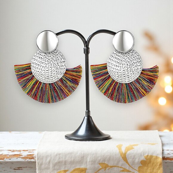🆕️Boho Chic Rainbow Fan Earrings - Statement Fringe Tassel Summer Style 🌈 - Picture 1 of 12